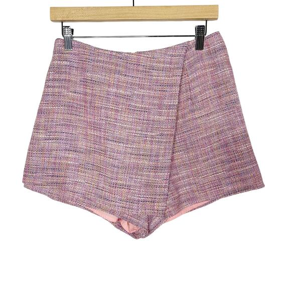 Lovers + Friends Medium M Pink Stargazer Tweed Mini Skort Wrap Front Shorts Zip - Picture 1 of 12